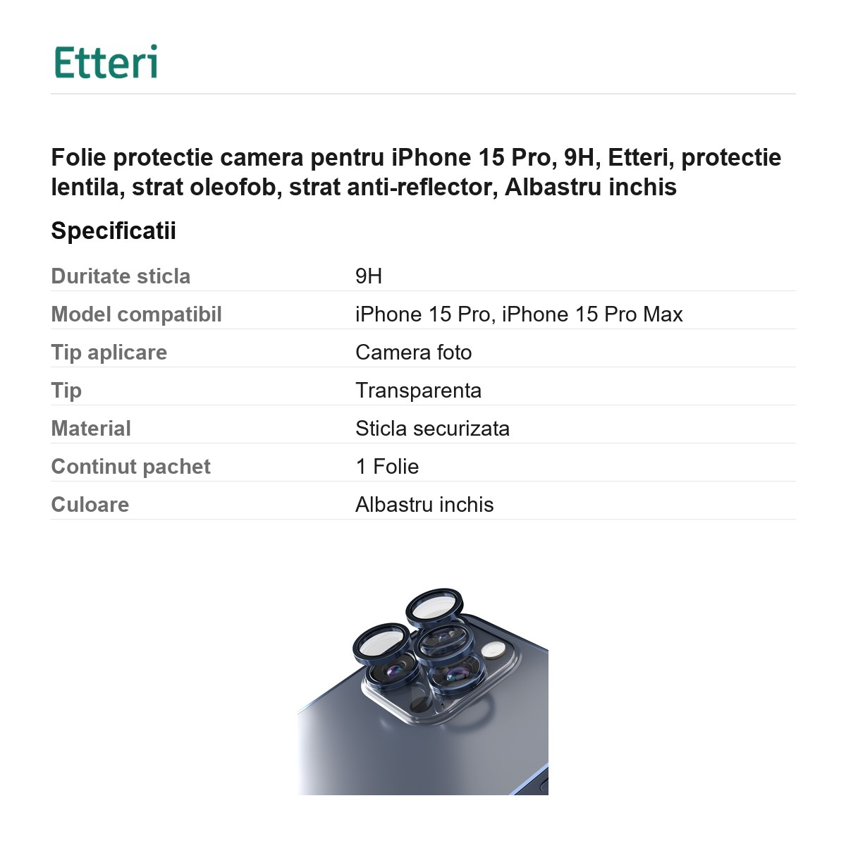 Folie protectie camera pentru iPhone 15 Pro, 9H, Etteri, protectie lentila, strat oleofob, strat anti-reflector, Albastru inchis [3]