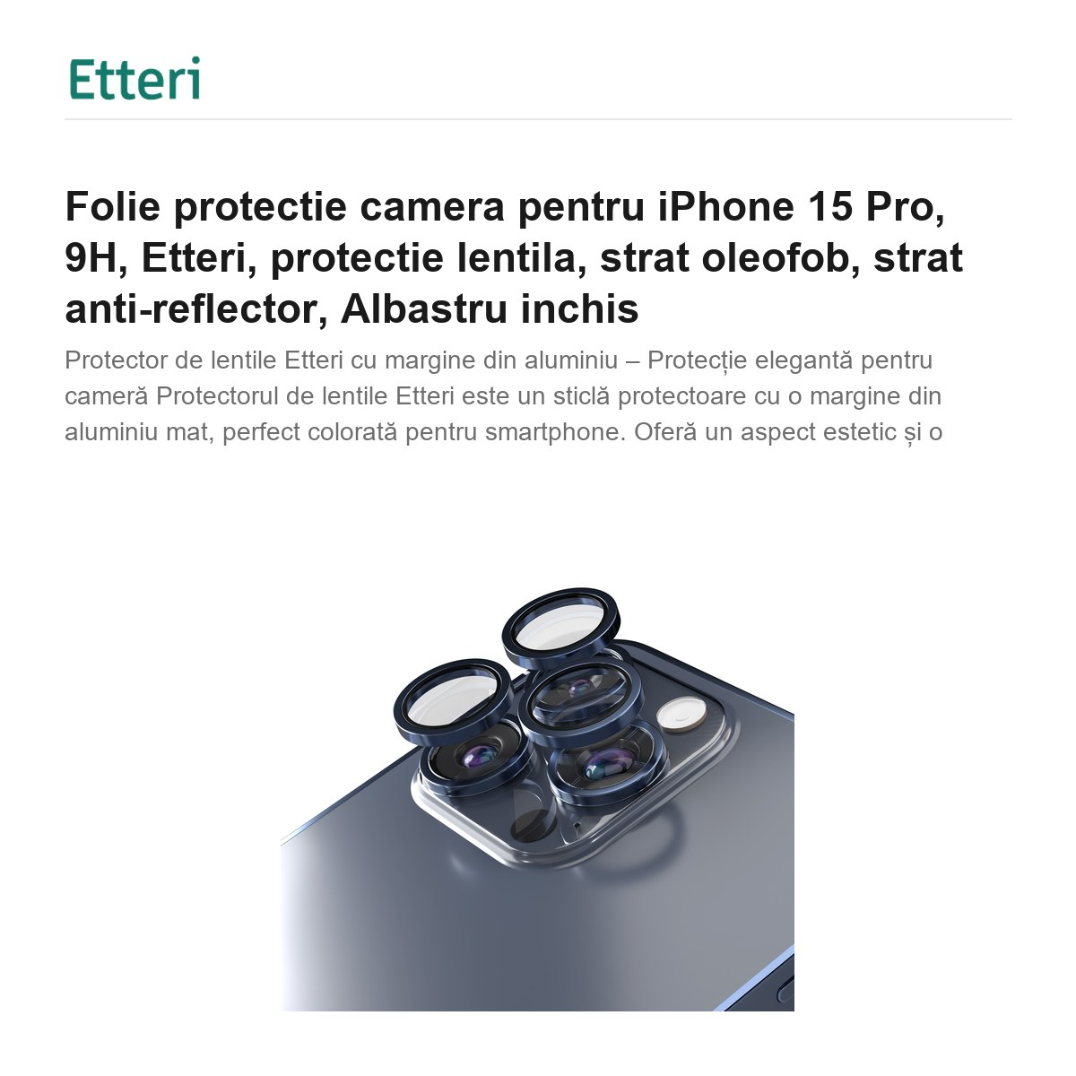Folie protectie camera pentru iPhone 15 Pro, 9H, Etteri, protectie lentila, strat oleofob, strat anti-reflector, Albastru inchis [2]