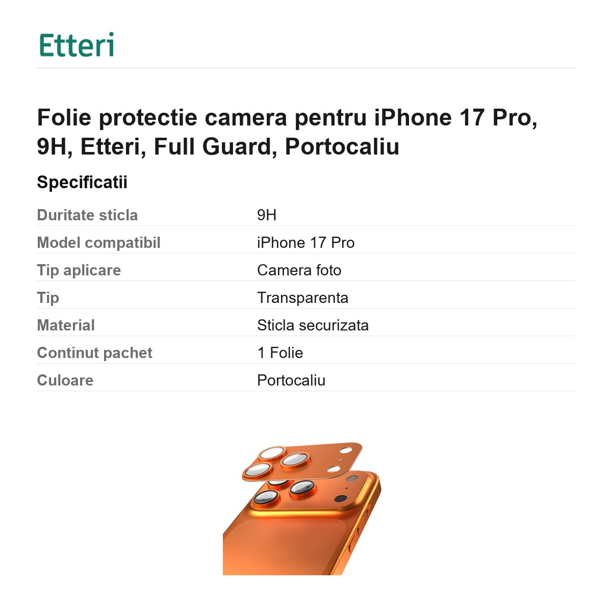 Folie protectie camera pentru iPhone 17 Pro, 9H, Etteri, Full Guard, Portocaliu [3]