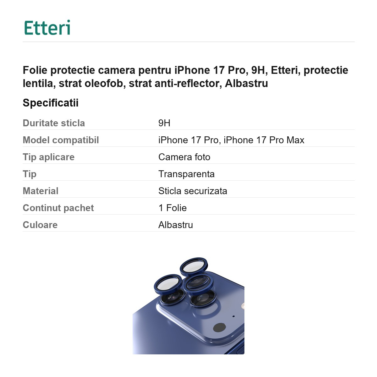 Folie protectie camera pentru iPhone 17 Pro, 9H, Etteri, protectie lentila, strat oleofob, strat anti-reflector, Albastru [3]