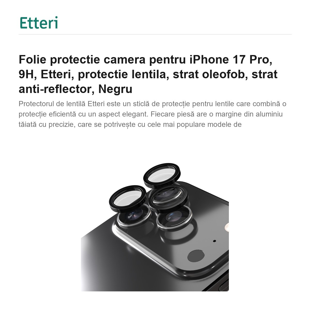 Folie protectie camera pentru iPhone 17 Pro, 9H, Etteri, protectie lentila, strat oleofob, strat anti-reflector, Negru [2]