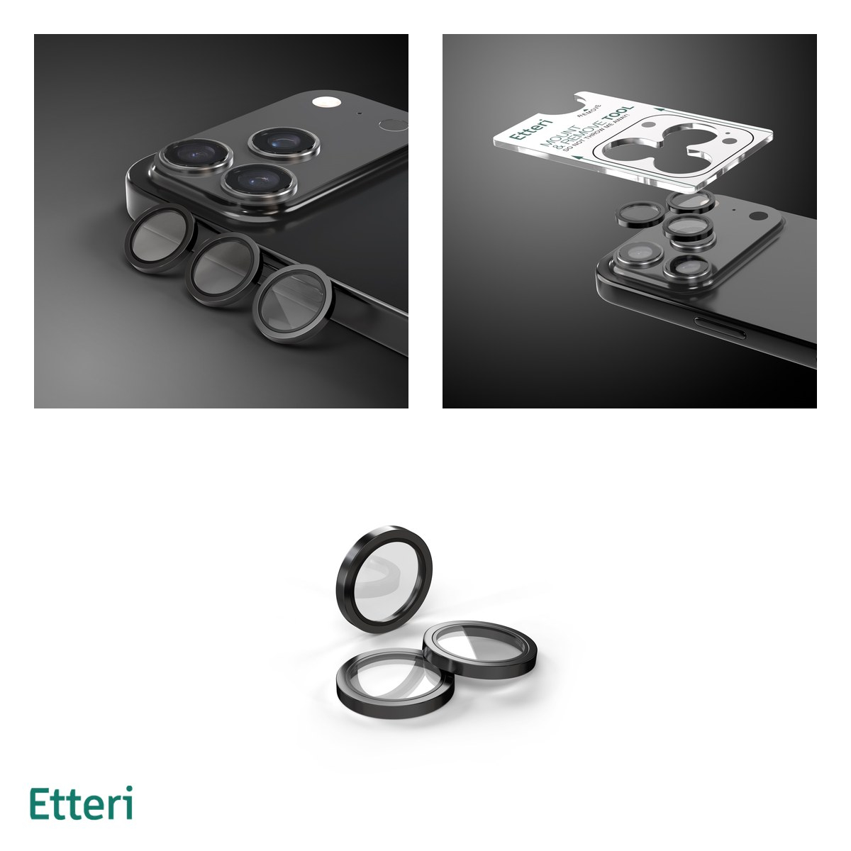 Folie protectie camera pentru iPhone 17 Pro, 9H, Etteri, protectie lentila, strat oleofob, strat anti-reflector, Negru [4]