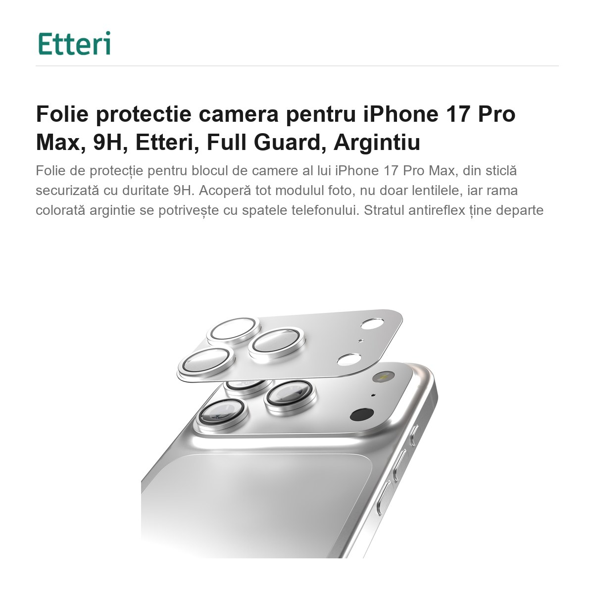 Folie protectie camera pentru iPhone 17 Pro Max, 9H, Etteri, Full Guard, Argintiu [2]