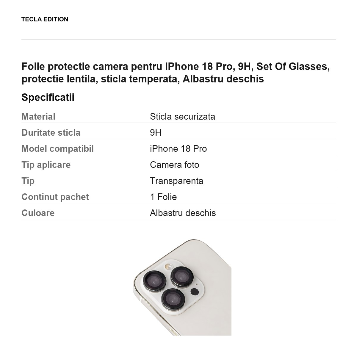 Folie protectie camera pentru iPhone 18 Pro, 9H, Set Of Glasses, protectie lentila, sticla temperata, Albastru deschis [3]