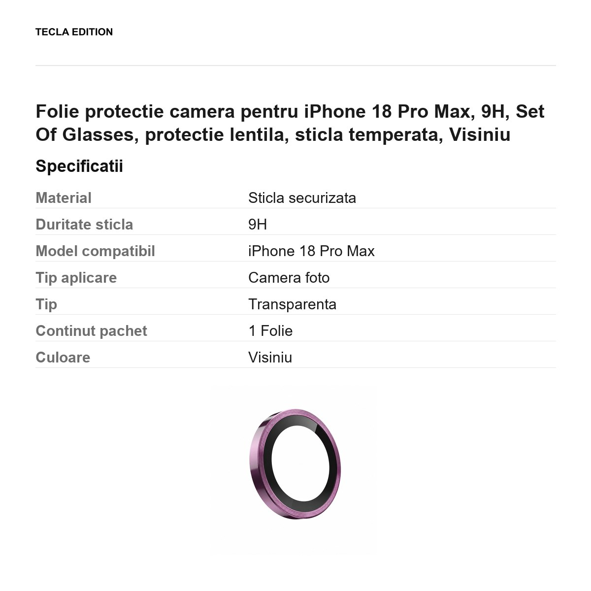 Folie protectie camera pentru iPhone 18 Pro Max, 9H, Set Of Glasses, protectie lentila, sticla temperata, Visiniu [3]