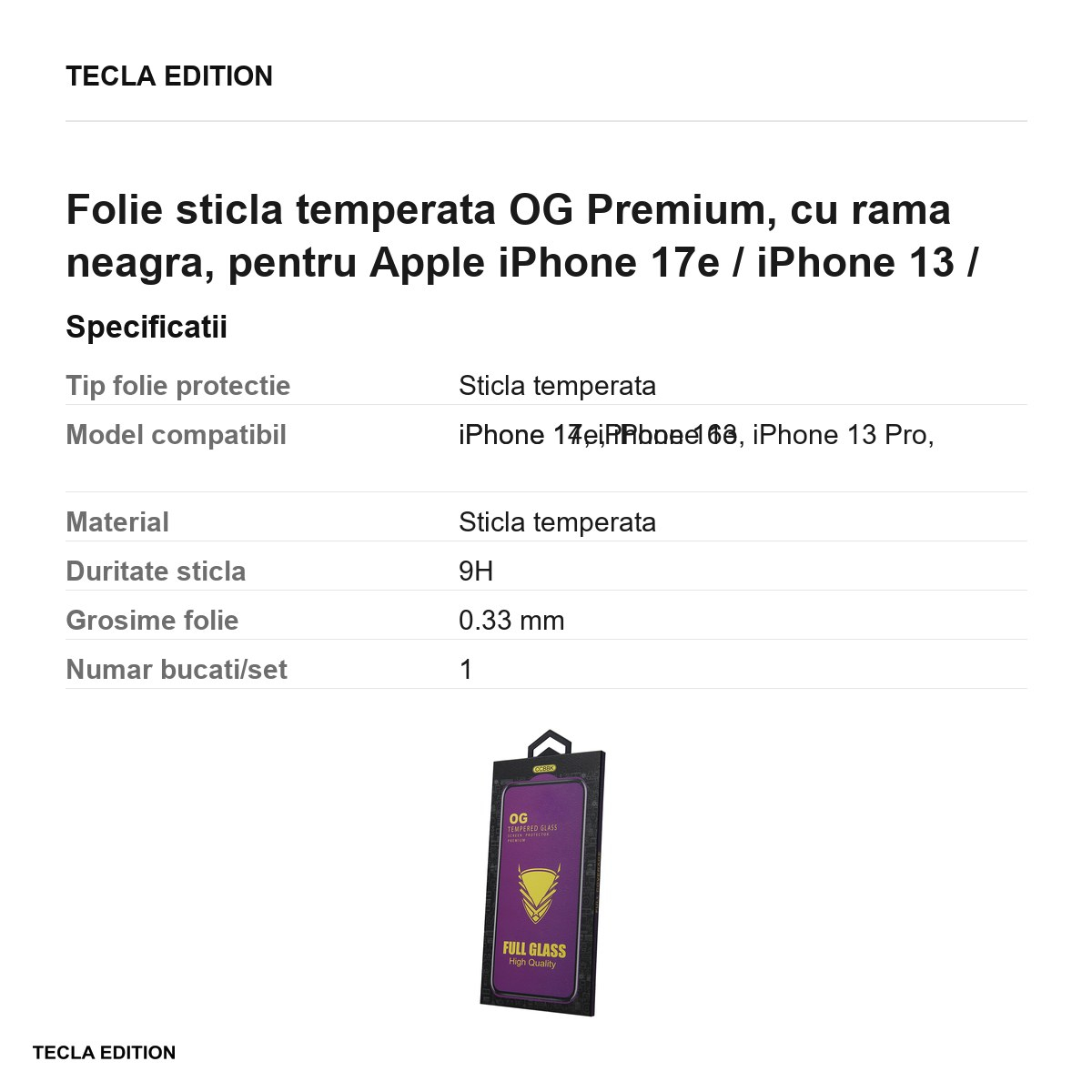 Folie sticla temperata OG Premium, cu rama neagra, pentru Apple iPhone 17e / iPhone 13 / iPhone 13 Pro / iPhone 14 / iPhone 16e [5]