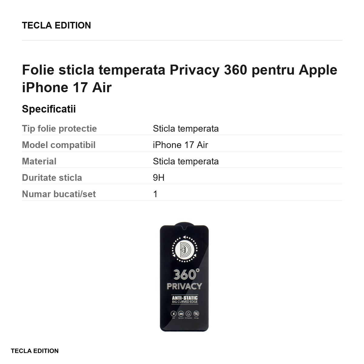 Folie sticla temperata Privacy 360 pentru Apple iPhone 17 Air [3]