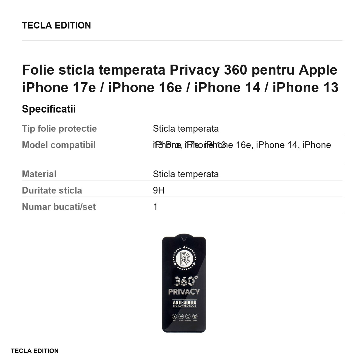 Folie sticla temperata Privacy 360 pentru Apple iPhone 17e / iPhone 16e / iPhone 14 / iPhone 13 Pro / iPhone 13 [5]