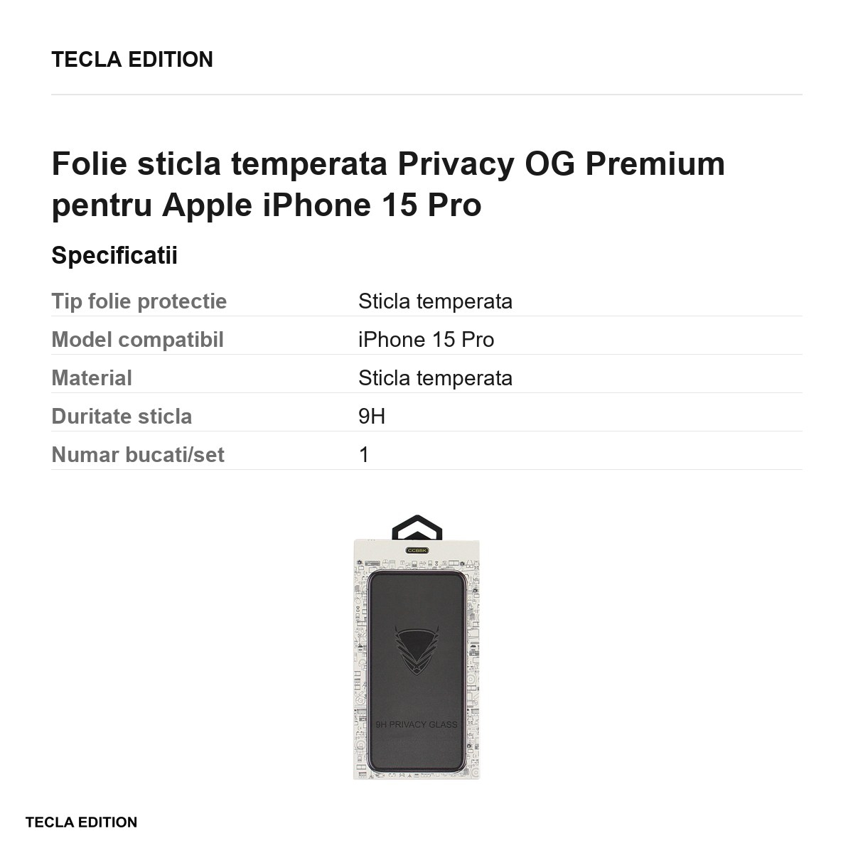 Folie sticla temperata Privacy OG Premium pentru Apple iPhone 15 Pro [6]