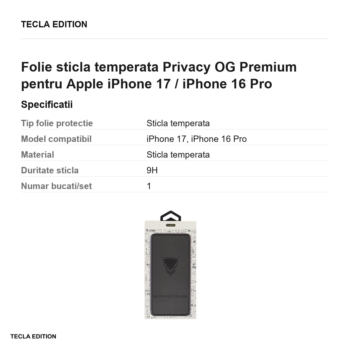 Folie sticla temperata Privacy OG Premium pentru Apple iPhone 17 / iPhone 16 Pro [6]