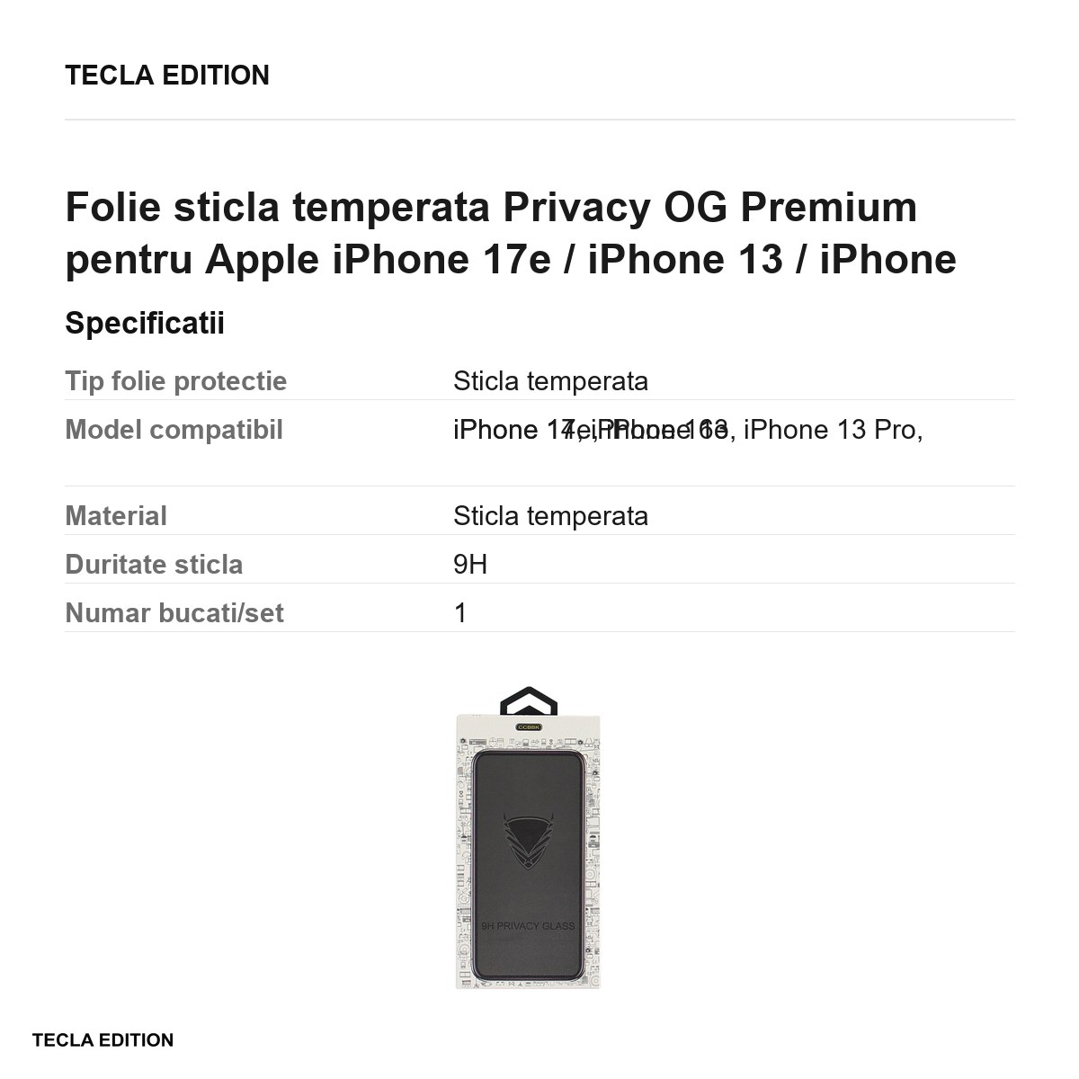 Folie sticla temperata Privacy OG Premium pentru Apple iPhone 17e / iPhone 13 / iPhone 13 Pro / iPhone 14 / iPhone 16e [6]