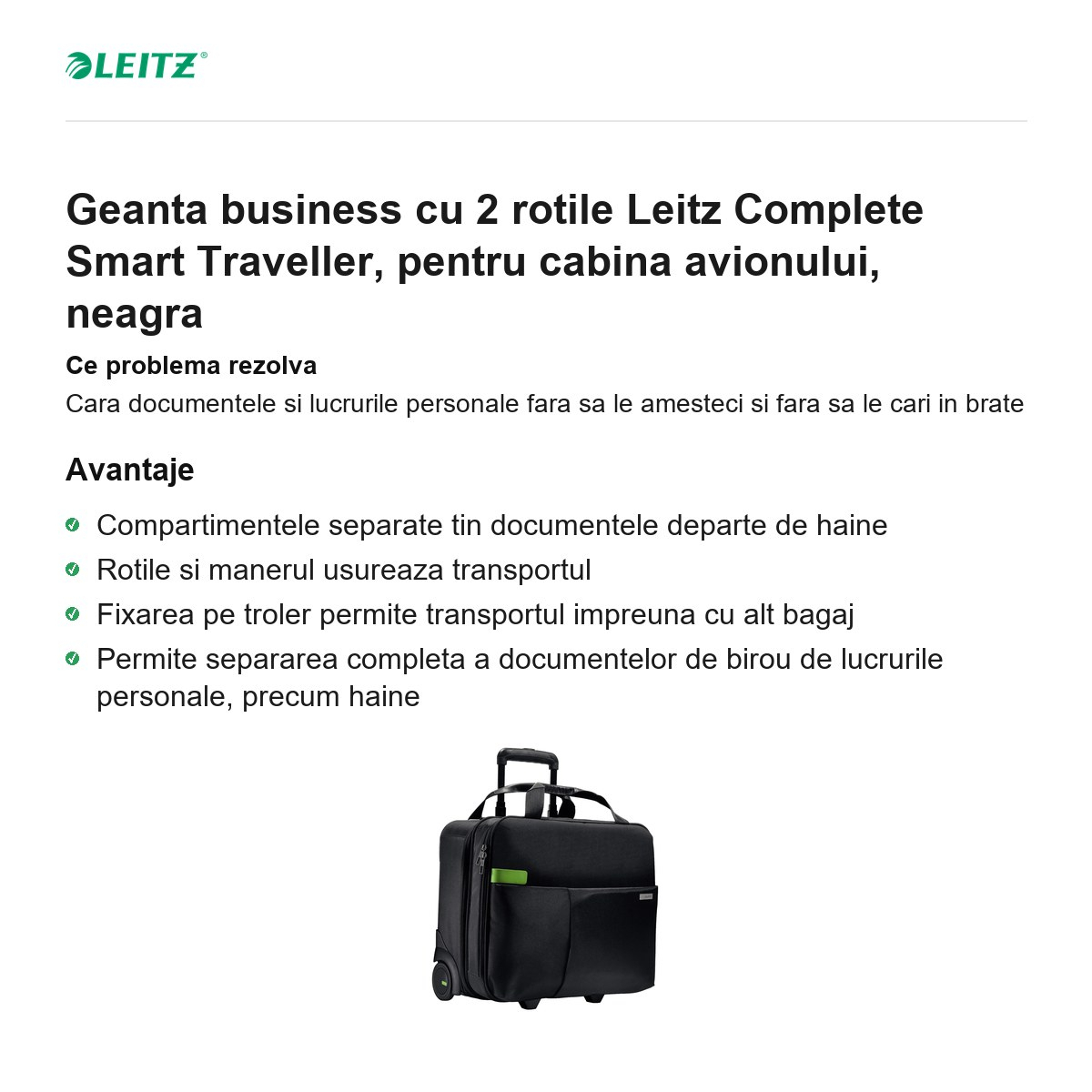 Geanta business cu 2 rotile Leitz Complete Smart Traveller, pentru cabina avionului, neagra [2]