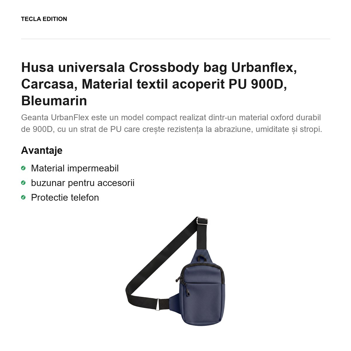 Geanta crossbody Urbanflex pentru telefon, material textil oxford 900D acoperit PU, impermeabila, curea reglabila pana la 125 cm, cu buzunar pentru accesorii, Bleumarin [2]