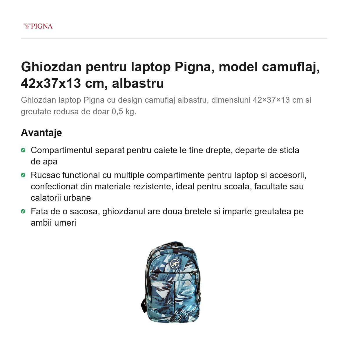 Ghiozdan pentru laptop Pigna, model camuflaj, 42x37x13 cm, albastru [2]