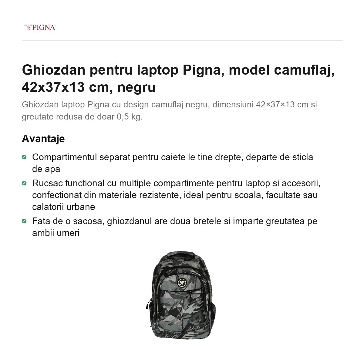 Ghiozdan pentru laptop Pigna, model camuflaj, 42x37x13 cm, negru [2]