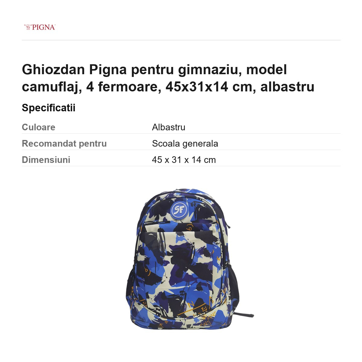Ghiozdan Pigna pentru gimnaziu, model camuflaj, 4 fermoare, 45x31x14 cm, albastru [3]
