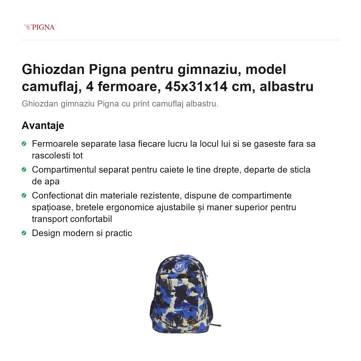Ghiozdan Pigna pentru gimnaziu, model camuflaj, 4 fermoare, 45x31x14 cm, albastru [2]