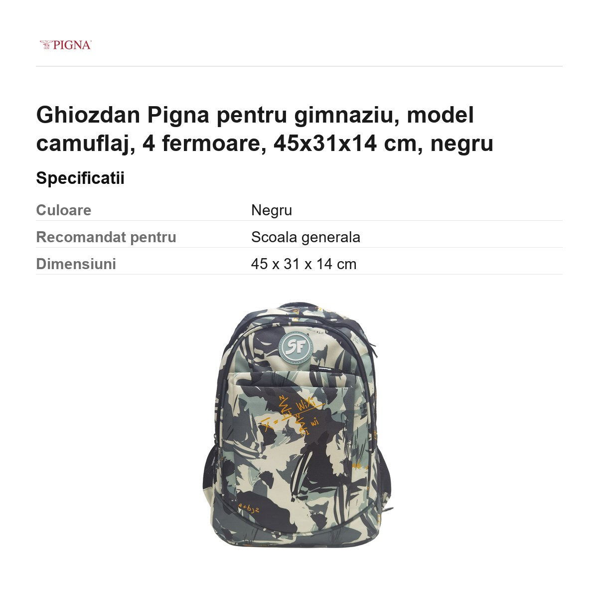 Ghiozdan Pigna pentru gimnaziu, model camuflaj, 4 fermoare, 45x31x14 cm, negru [3]
