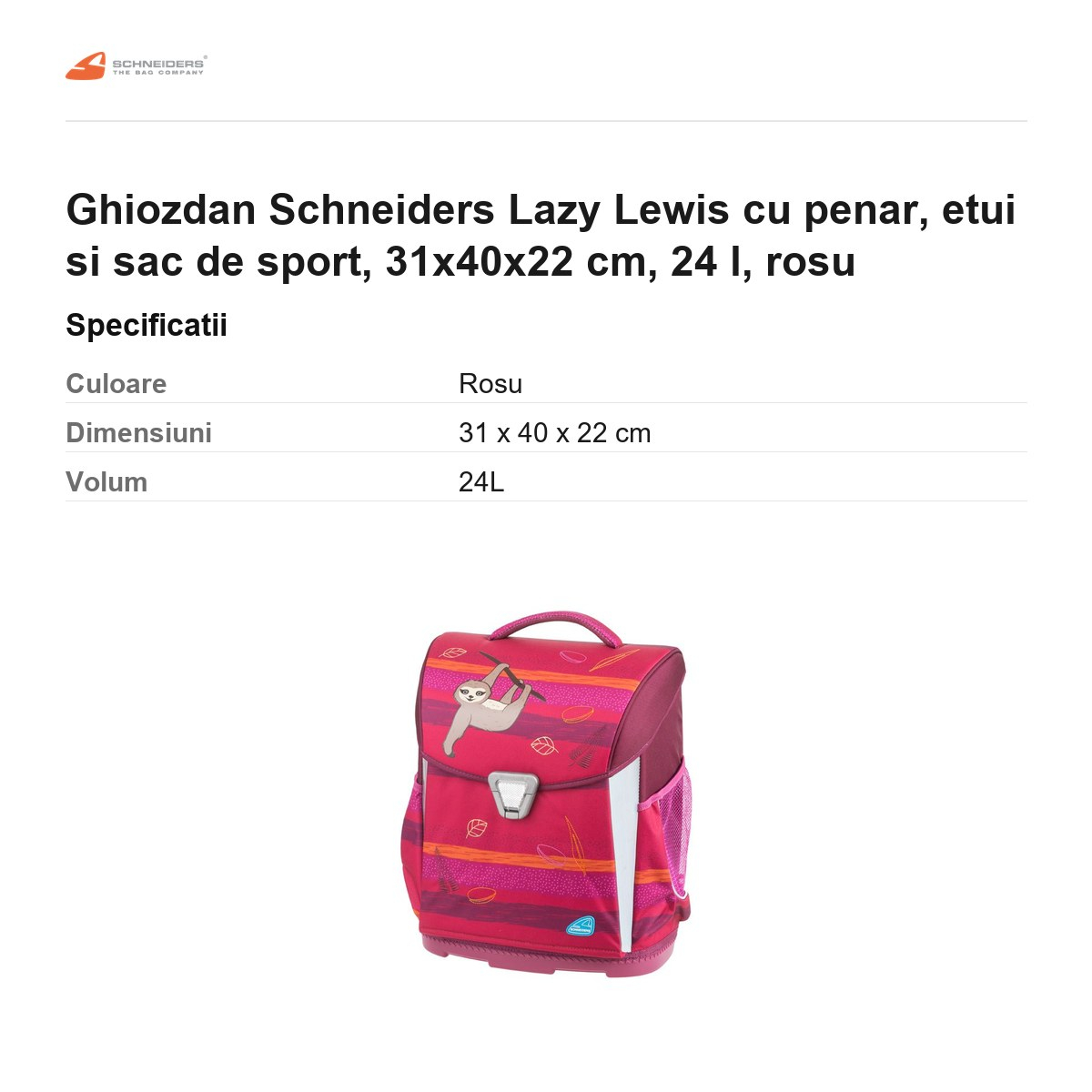 Ghiozdan Schneiders Lazy Lewis cu penar, etui si sac de sport, 31x40x22 cm, 24 l, rosu [3]