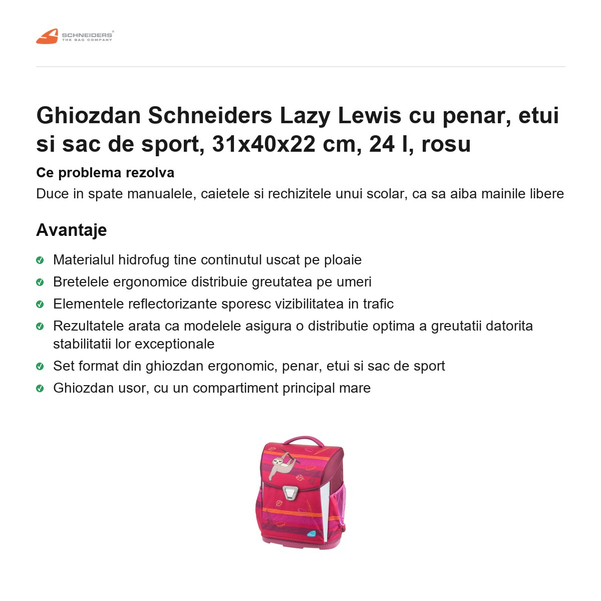 Ghiozdan Schneiders Lazy Lewis cu penar, etui si sac de sport, 31x40x22 cm, 24 l, rosu [2]