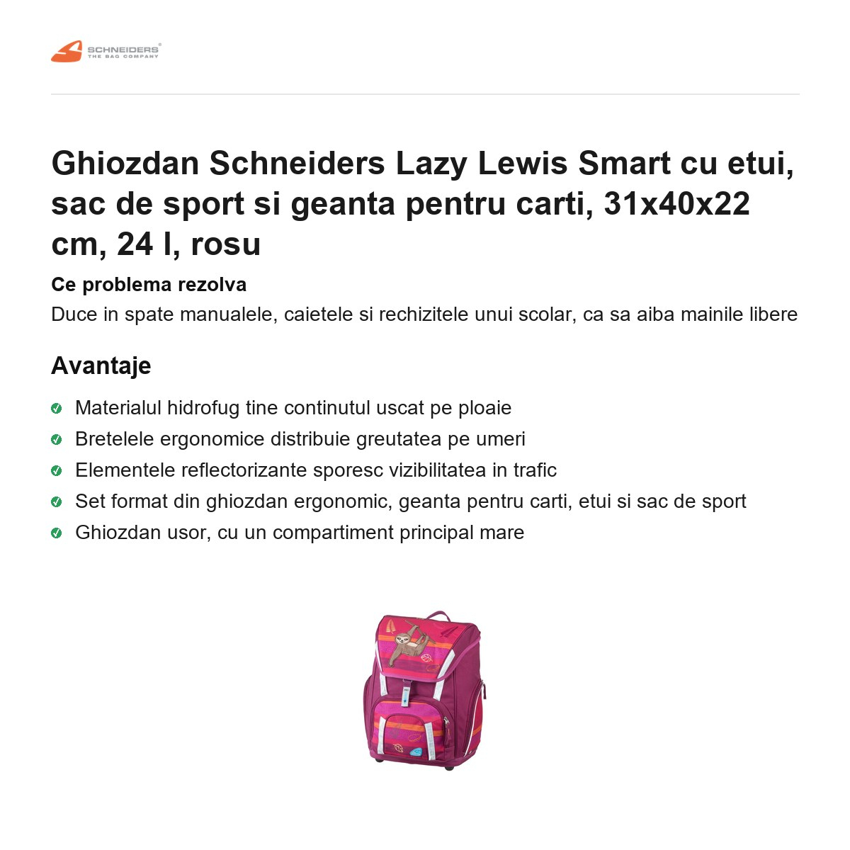 Ghiozdan Schneiders Lazy Lewis Smart cu etui, sac de sport si geanta pentru carti, 31x40x22 cm, 24 l, rosu [2]