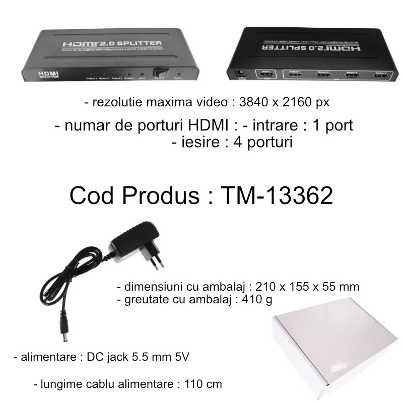 HDMI Splitter video, 3D UltraHD 4K, 60Hz HDR 18Gbps, 1 x port intrare HDMI, 4 x port-uri iesire HDMI, cu alimentator inclus , negru [6]