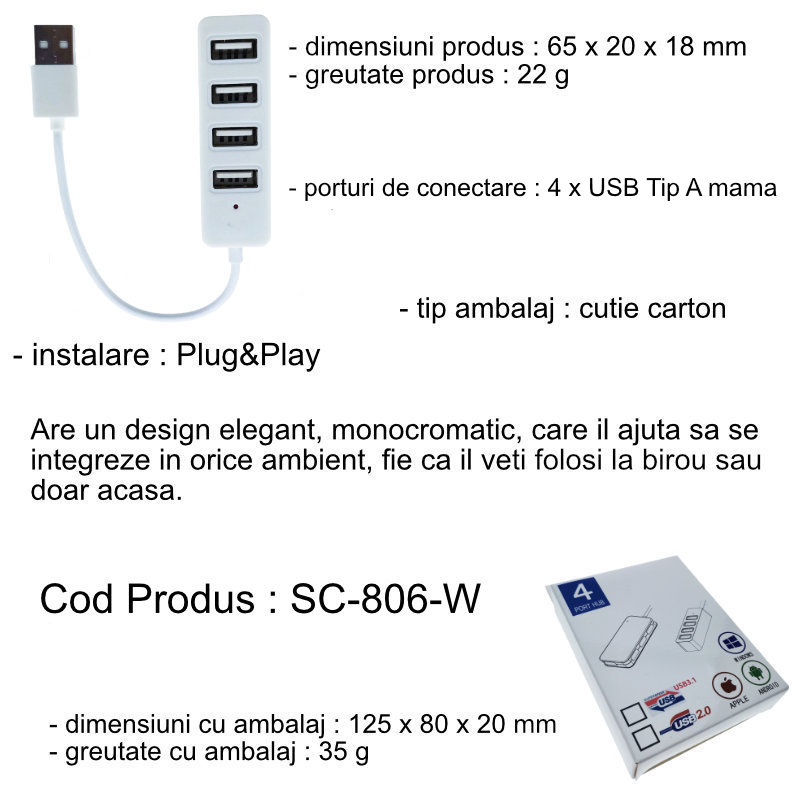 HUB cu 4 porturi USB 2.0 si cablu cu lungime de 10 cm cu conector USB tip A tata, cu indicator Led, alb [6]