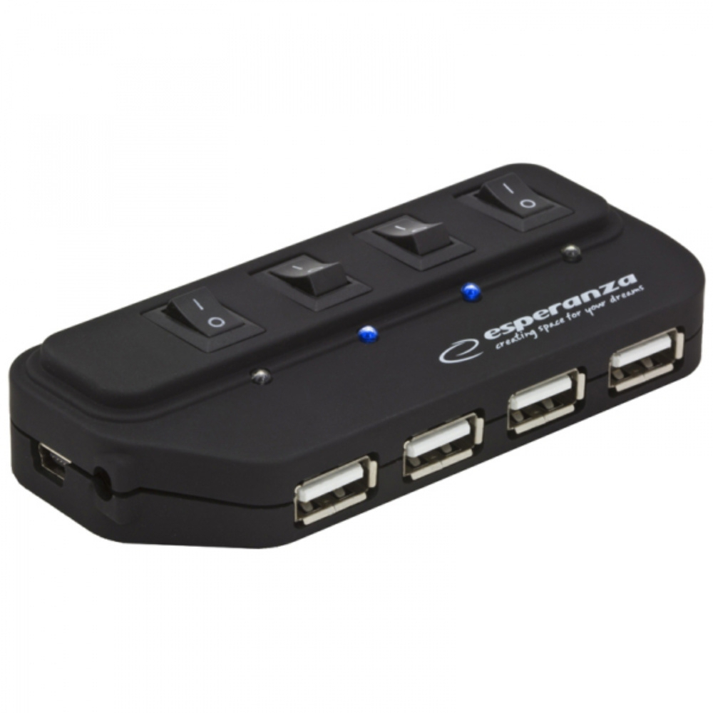 Hub USB 2.0 4 porturi cu comutatoare si alimentare, Esperanza 76993, indicator LED, negru [1]