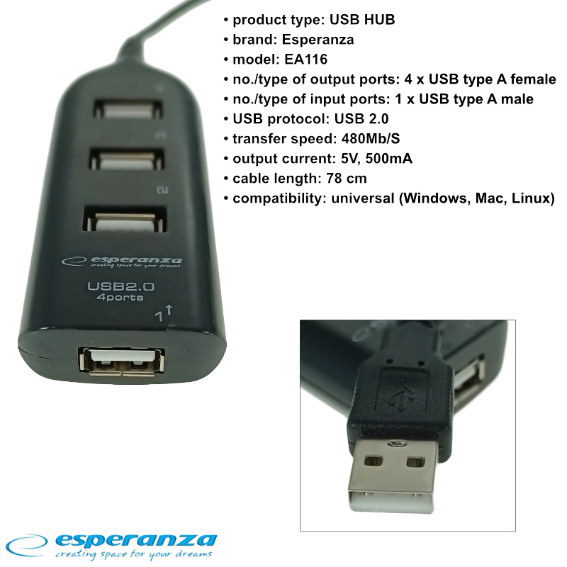 HUB USB cu 4 porturi, interfata USB 2.0, Esperanza 76860, cablu de 78cm, negru [7]