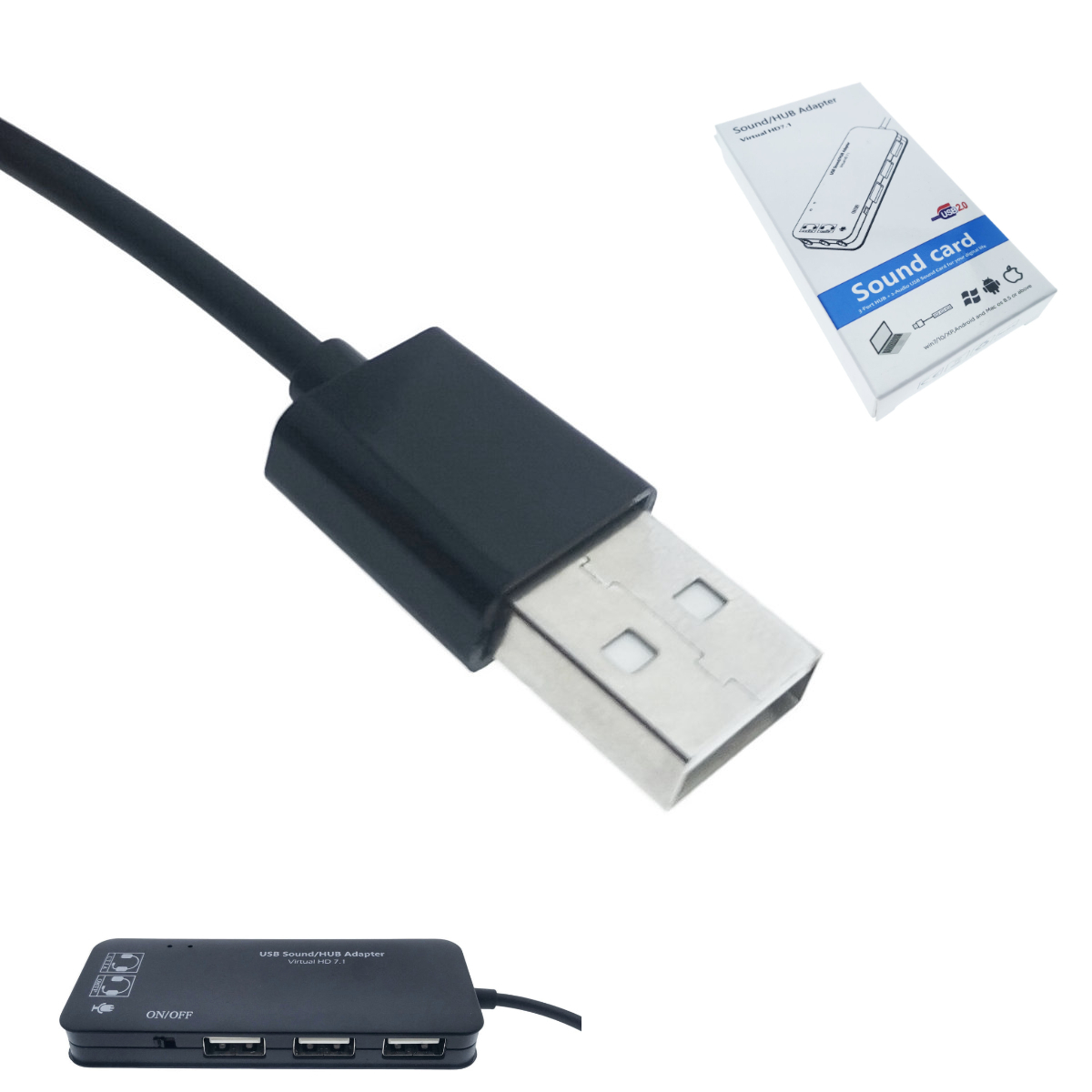 Hub USB si placa de sunet, 2in1, interfata USB 2.0, 3 porturi USB, iesire 3 x jack 3.5mm mama, indicator Led, cu cablu 45 cm, negru [12]