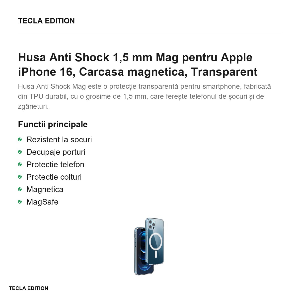 Husa Anti Shock 1,5 mm Mag pentru Apple iPhone 16, Carcasa magnetica, Transparent [2]