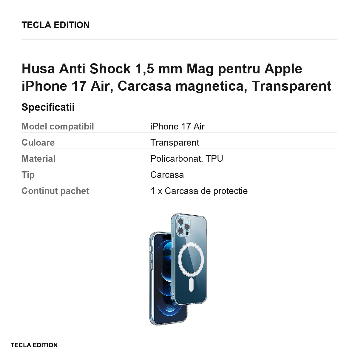 Husa Anti Shock 1,5 mm Mag pentru Apple iPhone 17 Air, Carcasa magnetica, Transparent [3]