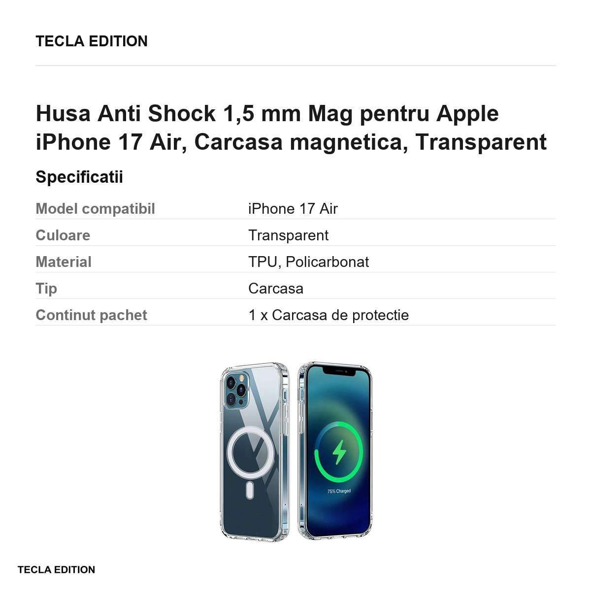 Husa Anti Shock 1,5 mm Mag pentru Apple iPhone 17 Air, Carcasa magnetica, Transparent [3]