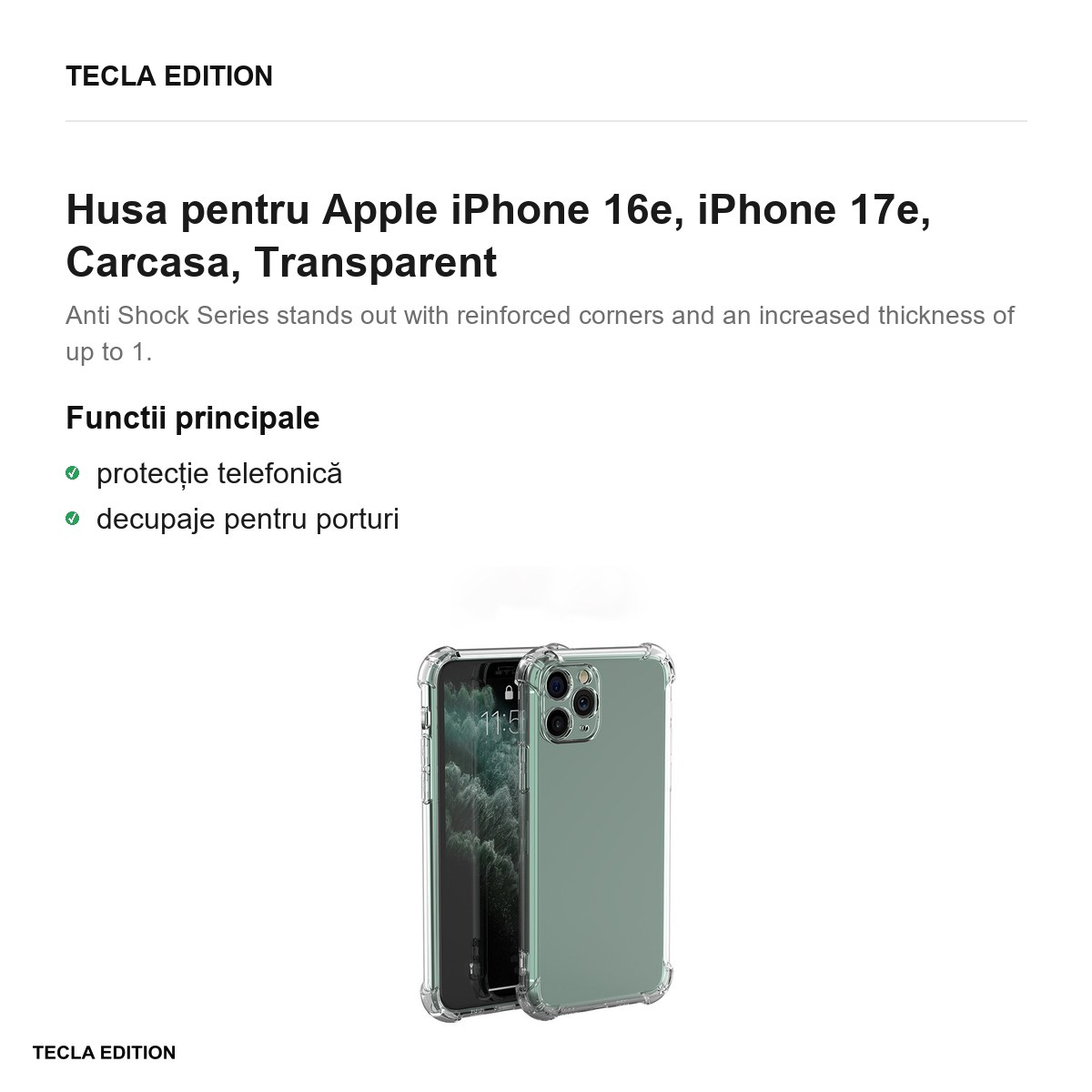 Husa Anti Shock 1 5 mm pentru Apple iPhone 16e, iPhone 17e, Carcasa, Transparent [2]