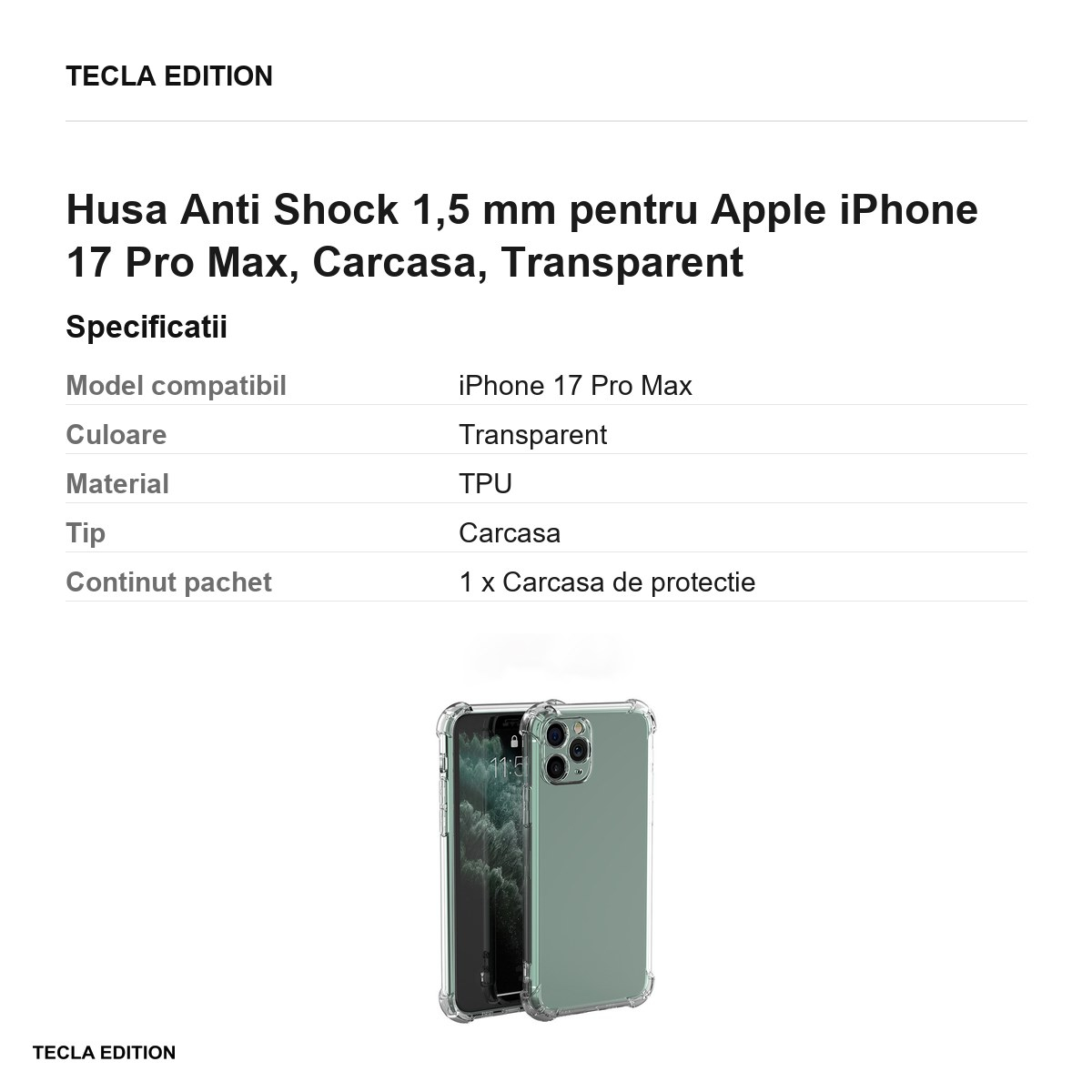 Husa Anti Shock 1,5 mm pentru Apple iPhone 17 Pro Max, Carcasa, Transparent [3]