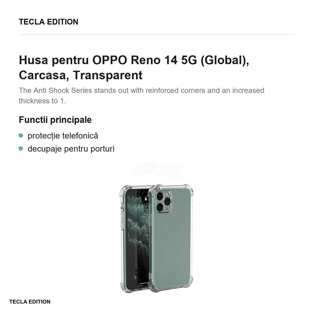 Husa Anti Shock 1,5 mm pentru OPPO Reno 14 5G (Global), Carcasa, Transparent [2]
