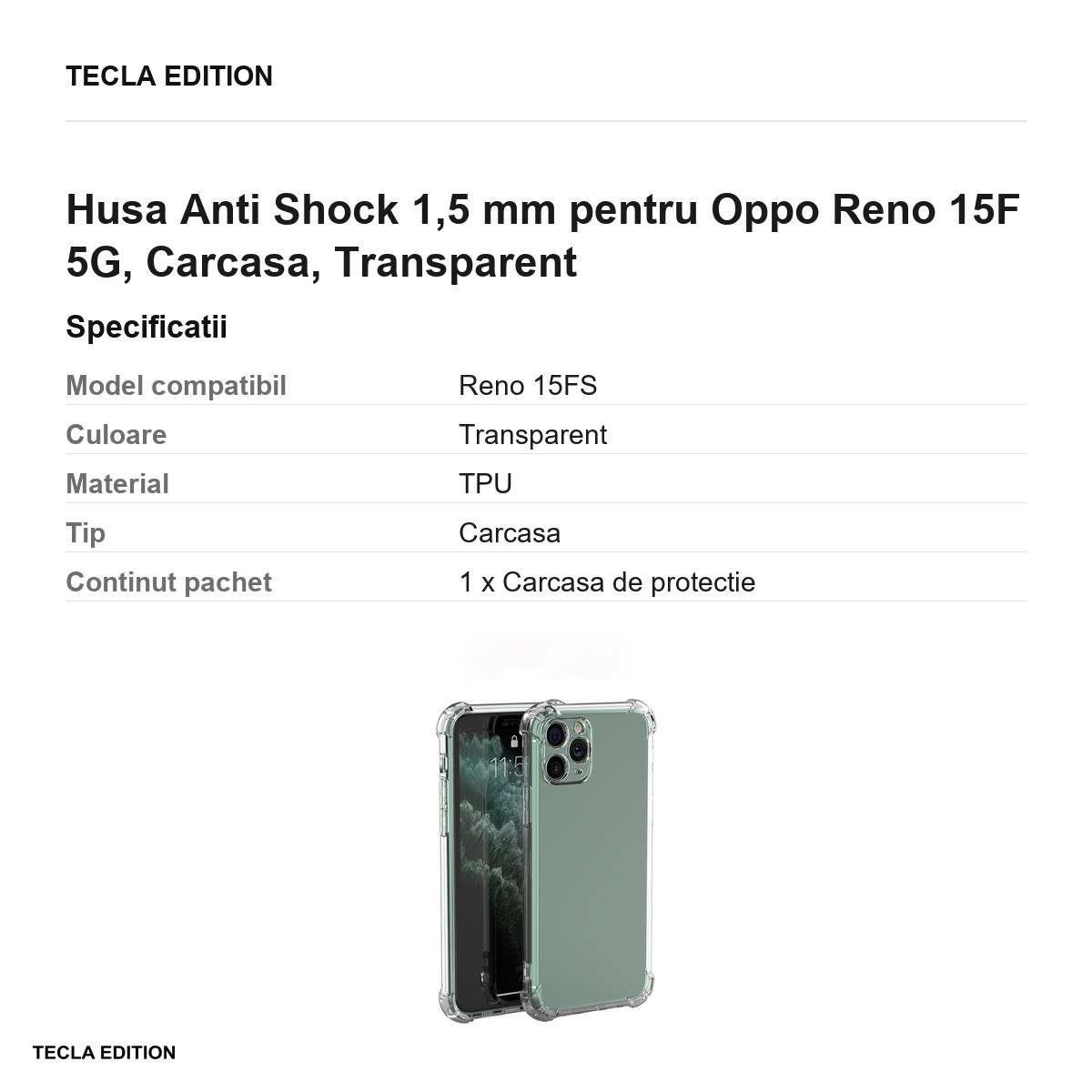Husa Anti Shock 1,5 mm pentru Oppo Reno 15F 5G, Carcasa, Transparent [3]