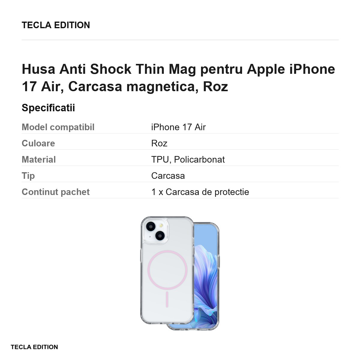 Husa Anti Shock Thin Mag pentru Apple iPhone 17 Air, Carcasa magnetica, Roz [3]
