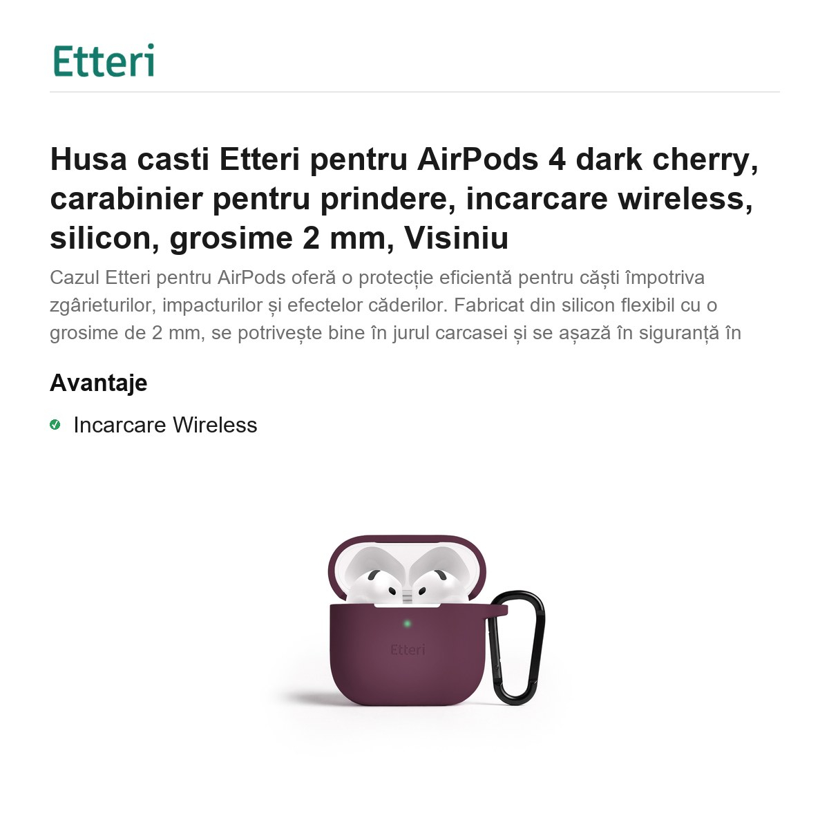 Husa casti Etteri pentru AirPods 4 dark cherry, carabinier pentru prindere, incarcare wireless, silicon, grosime 2 mm, Visiniu [2]