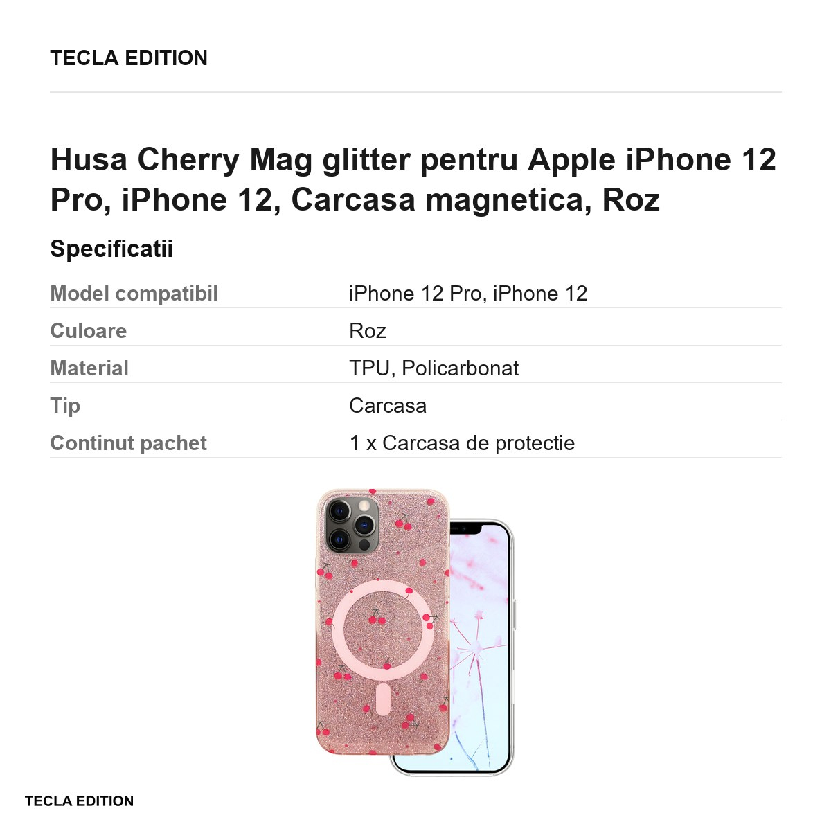 Husa Cherry Mag glitter pentru Apple iPhone 12 Pro, iPhone 12, Carcasa magnetica, Roz [3]