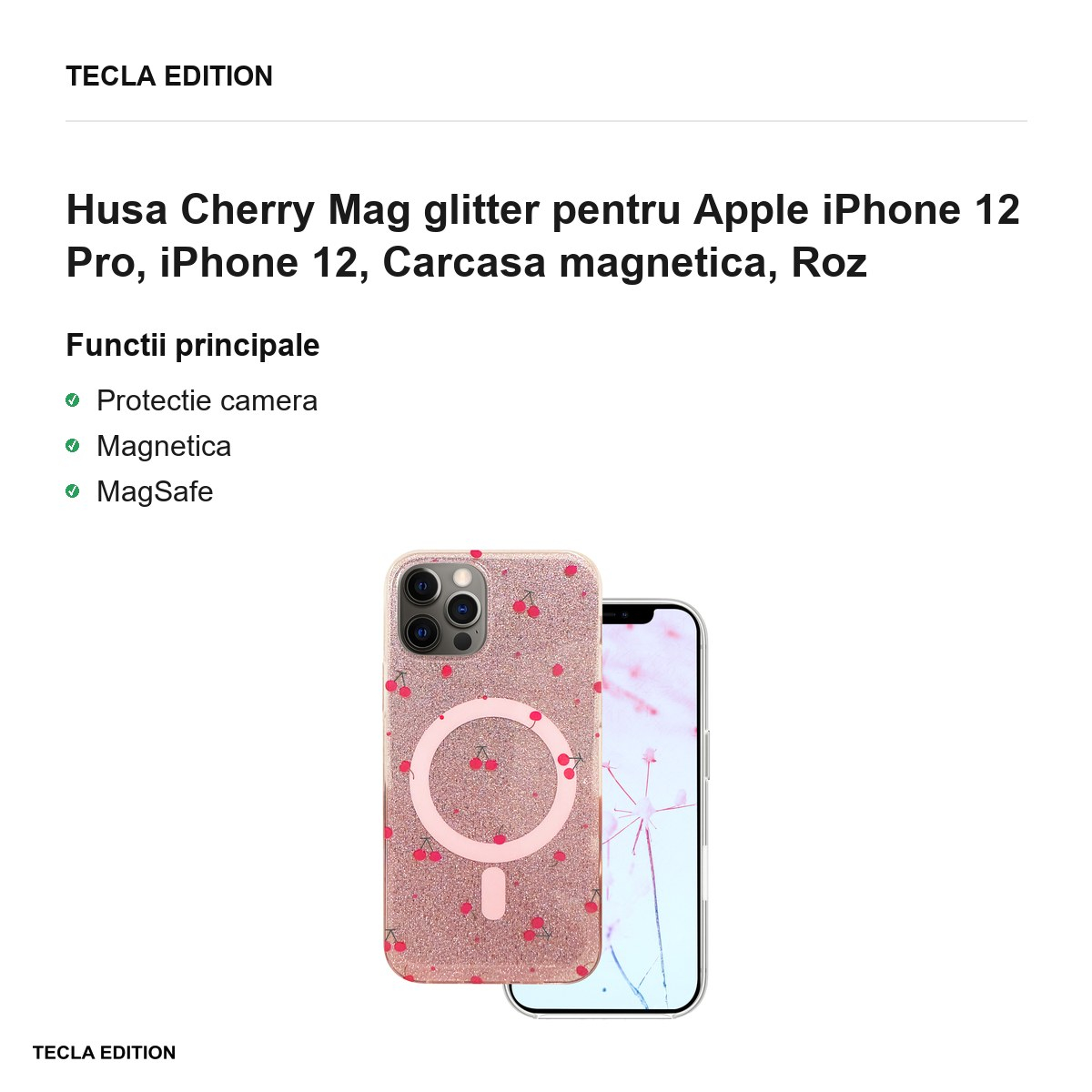 Husa Cherry Mag glitter pentru Apple iPhone 12 Pro, iPhone 12, Carcasa magnetica, Roz [2]