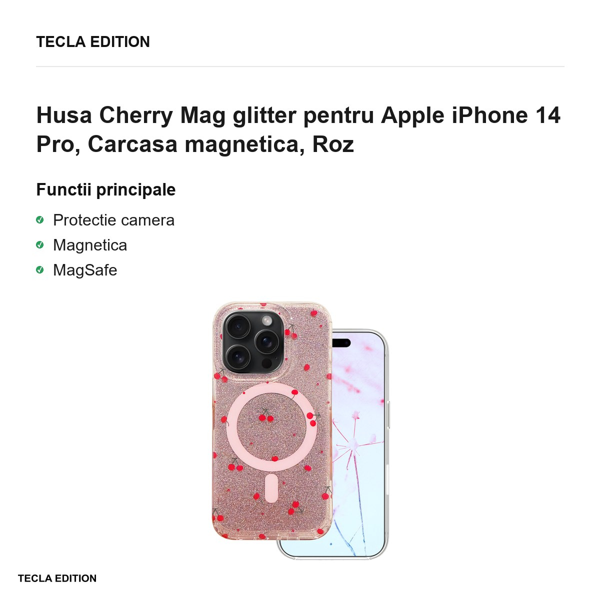 Husa Cherry Mag glitter pentru Apple iPhone 14 Pro, Carcasa magnetica, Roz [2]