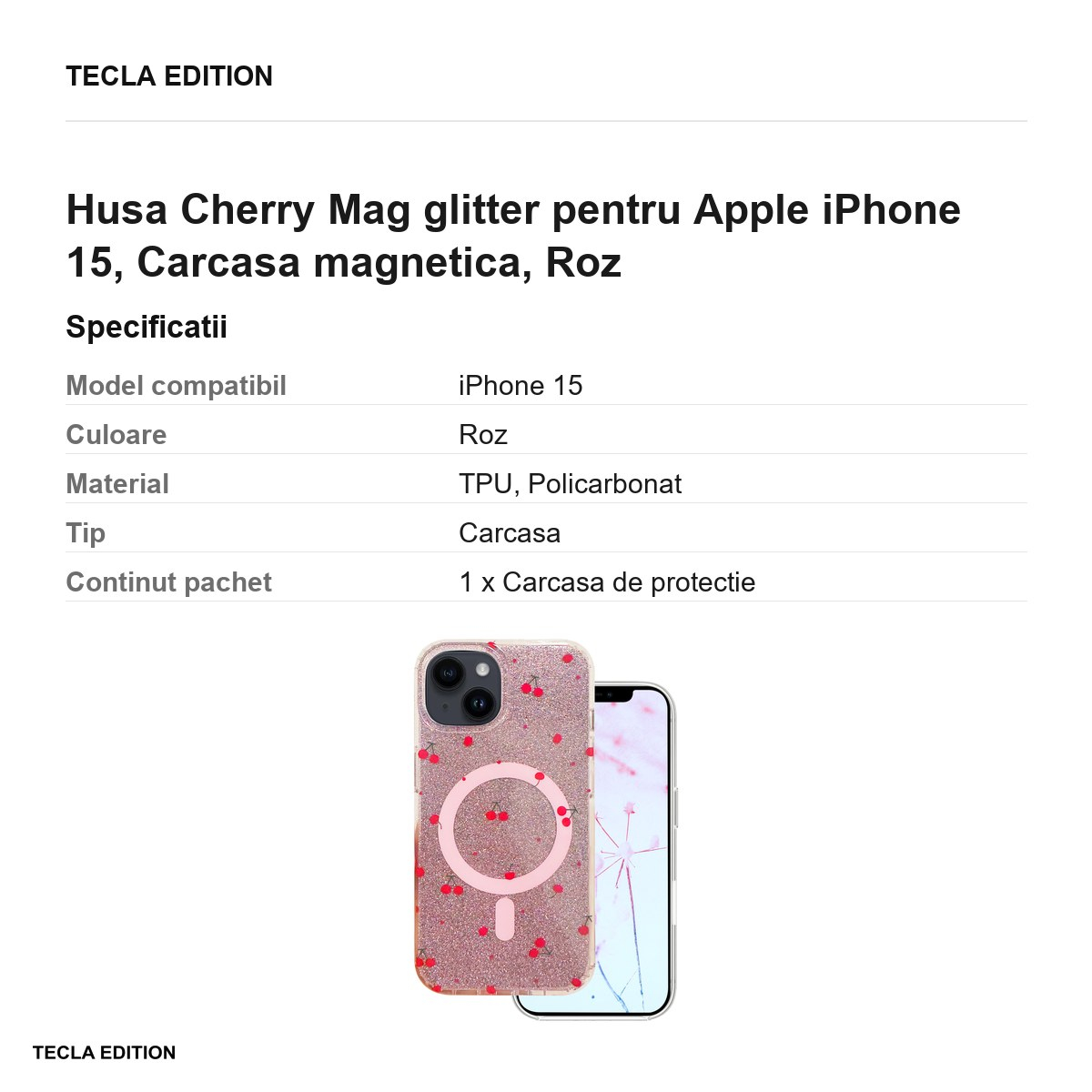 Husa Cherry Mag glitter pentru Apple iPhone 15, Carcasa magnetica, Roz [3]
