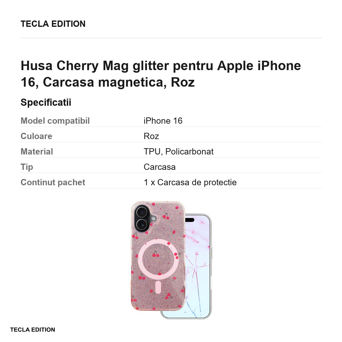 Husa Cherry Mag glitter pentru Apple iPhone 16, Carcasa magnetica, Roz [3]