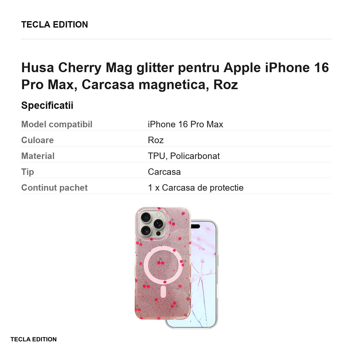 Husa Cherry Mag glitter pentru Apple iPhone 16 Pro Max, Carcasa magnetica, Roz [3]