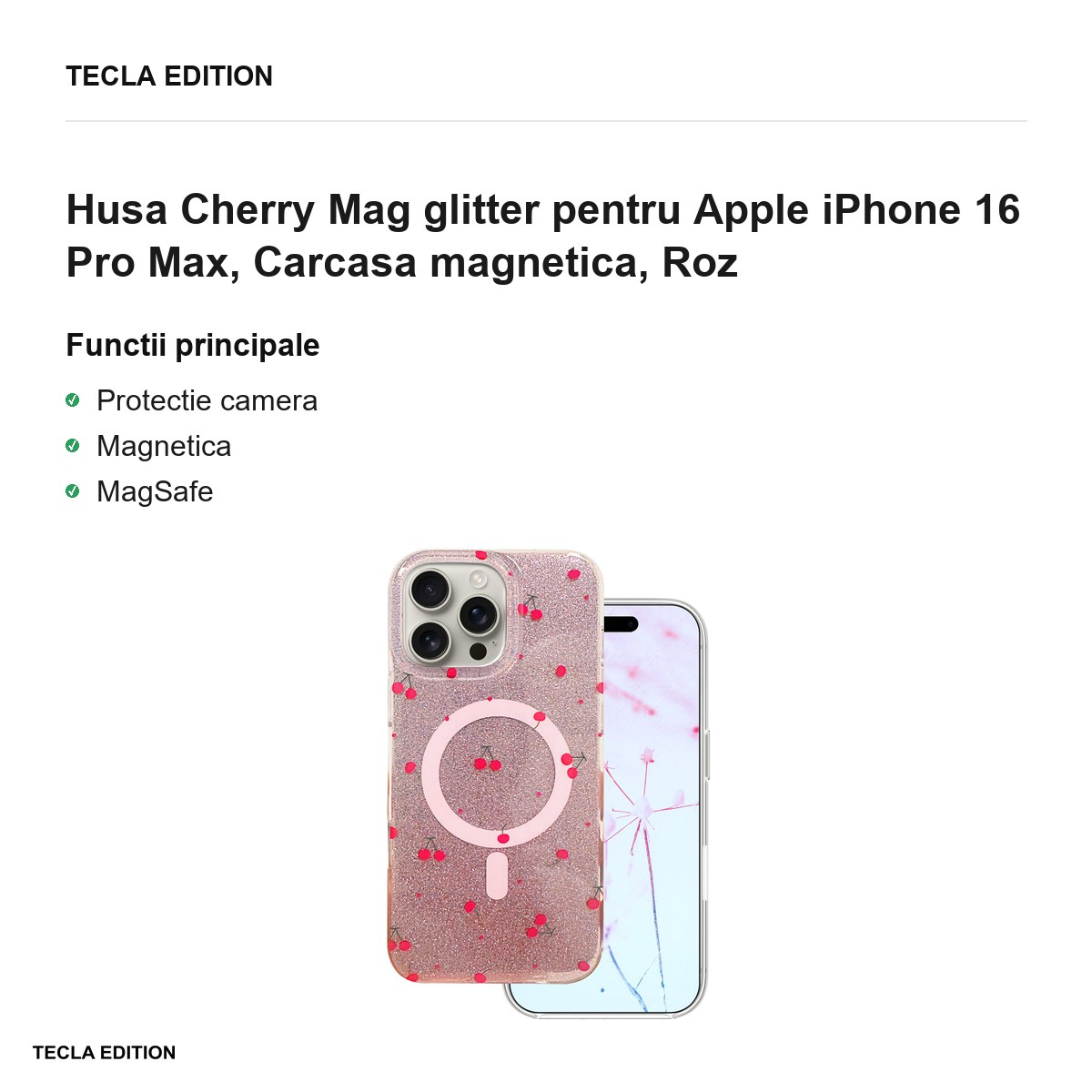 Husa Cherry Mag glitter pentru Apple iPhone 16 Pro Max, Carcasa magnetica, Roz [2]