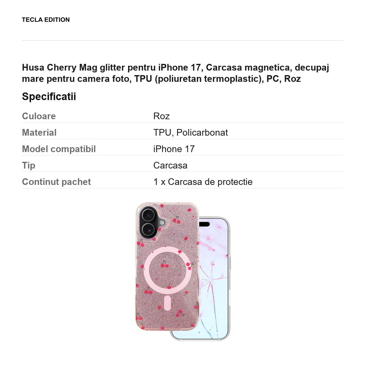 Husa Cherry Mag glitter pentru iPhone 17, Carcasa magnetica, decupaj mare pentru camera foto, TPU (poliuretan termoplastic), PC, Roz [3]