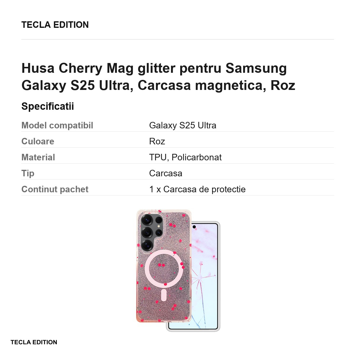 Husa Cherry Mag glitter pentru Samsung Galaxy S25 Ultra, Carcasa magnetica, Roz [3]