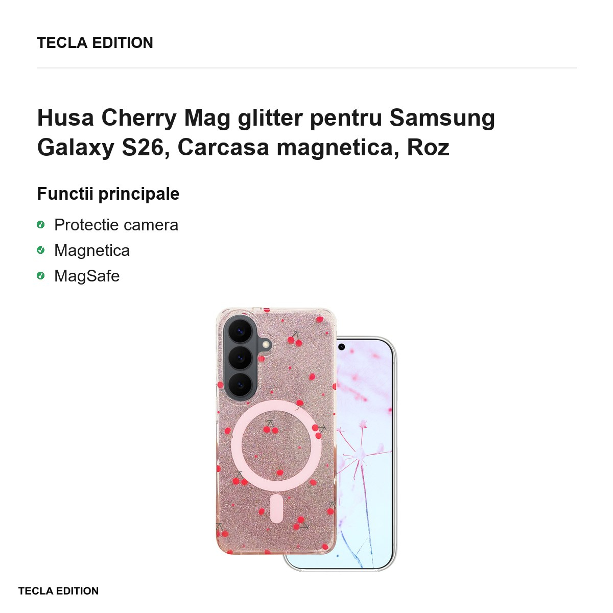 Husa Cherry Mag glitter pentru Samsung Galaxy S26, Carcasa magnetica, Roz [2]