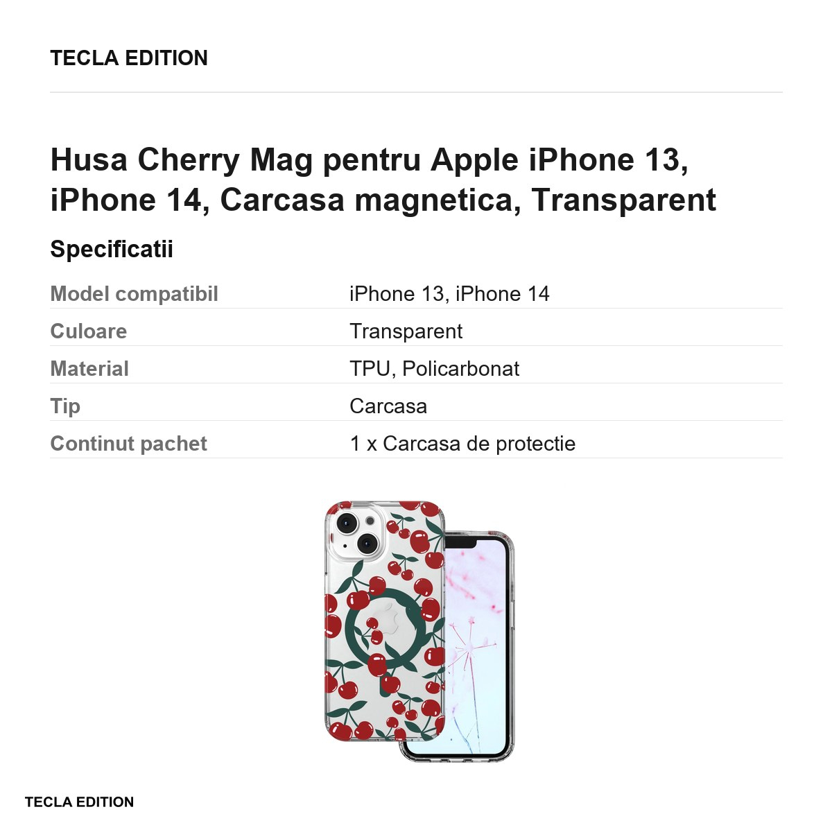 Husa Cherry Mag pentru Apple iPhone 13, iPhone 14, Carcasa magnetica, Transparent [3]